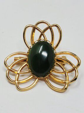 Gold Tone Green Cabochon Openwork Flower Brooch Vintage